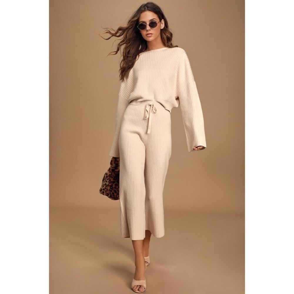 Snuggly Style Cream Ribbed Knit Cropped Sweater